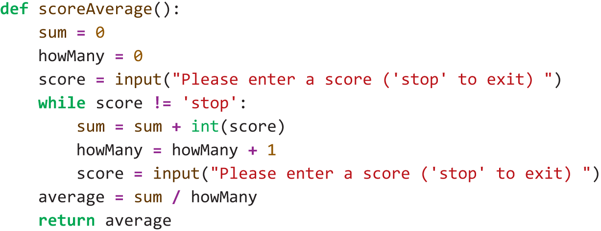 A Python program writes a function that asks the user to enter exam scores one at a time until the word stop is entered. 