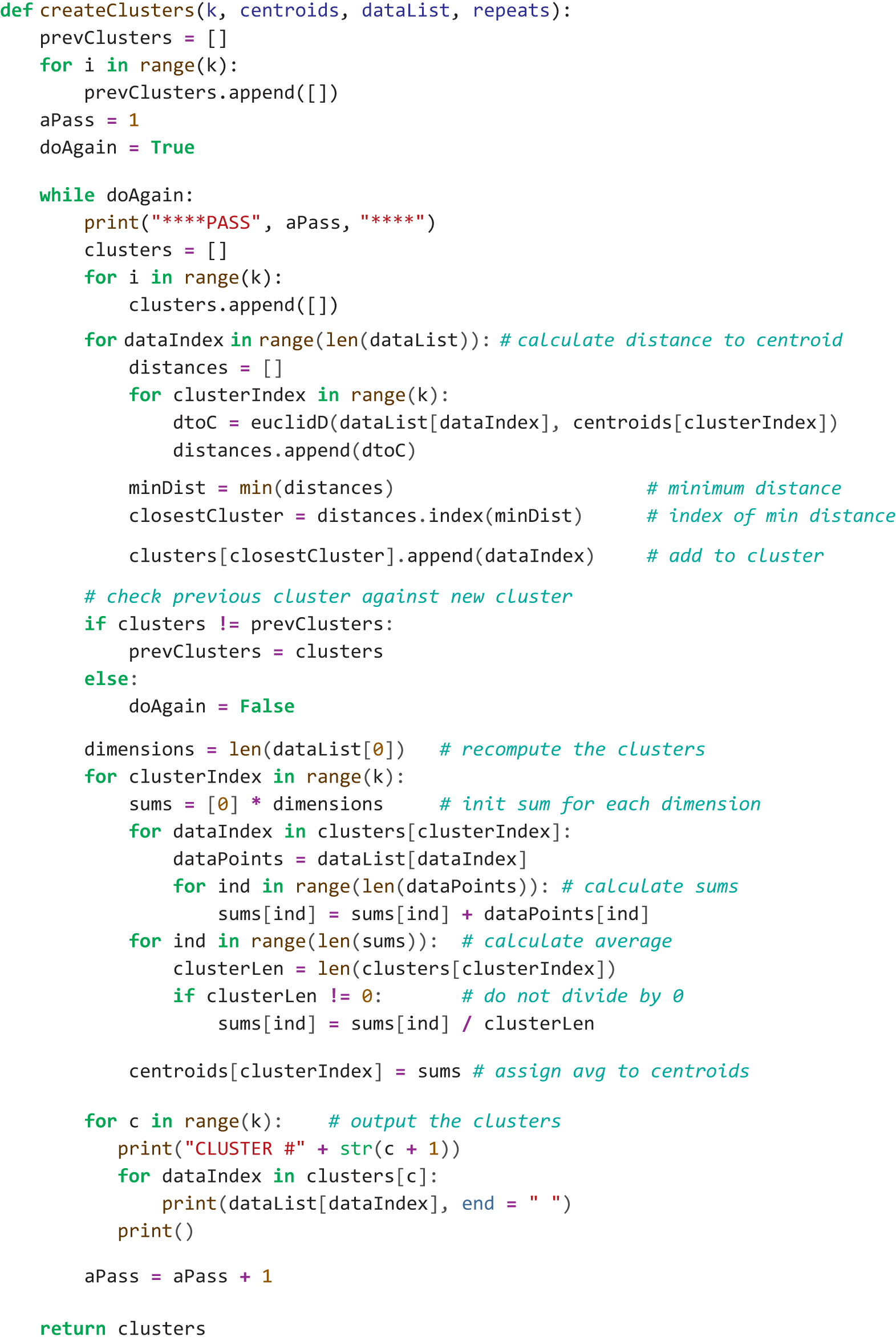 A Python program modifies create Clusters using a while loop.