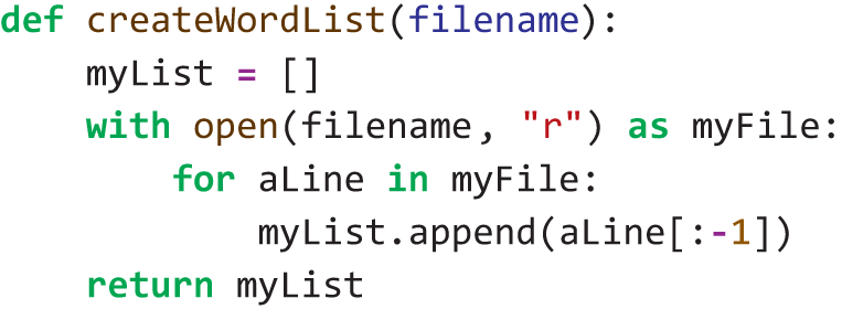 A Python program creates a word list function to create a list of words from the word list.