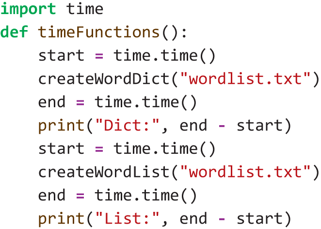 A Python program presents how to measure the performance of creating a Word List and creating a Word Dictionary.