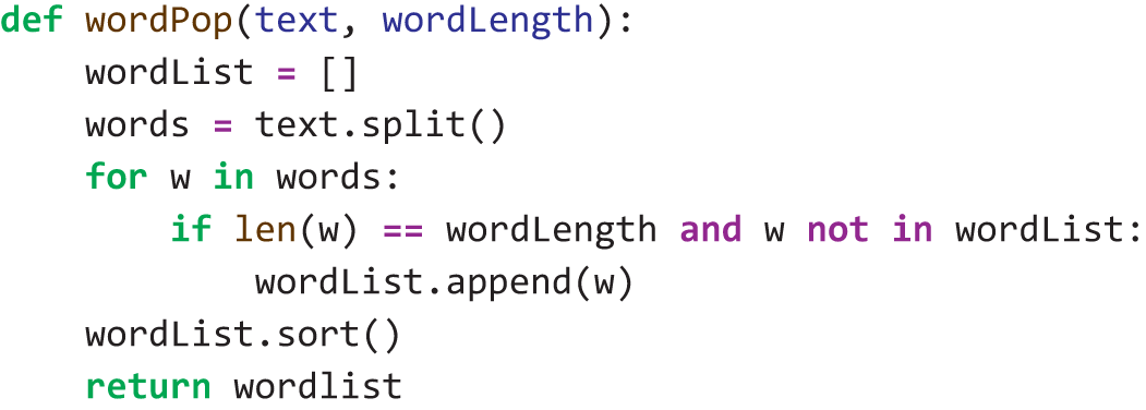 A Python program write a function wordPop that accepts a text and a length N and returns the list of all the words that are N letters long.