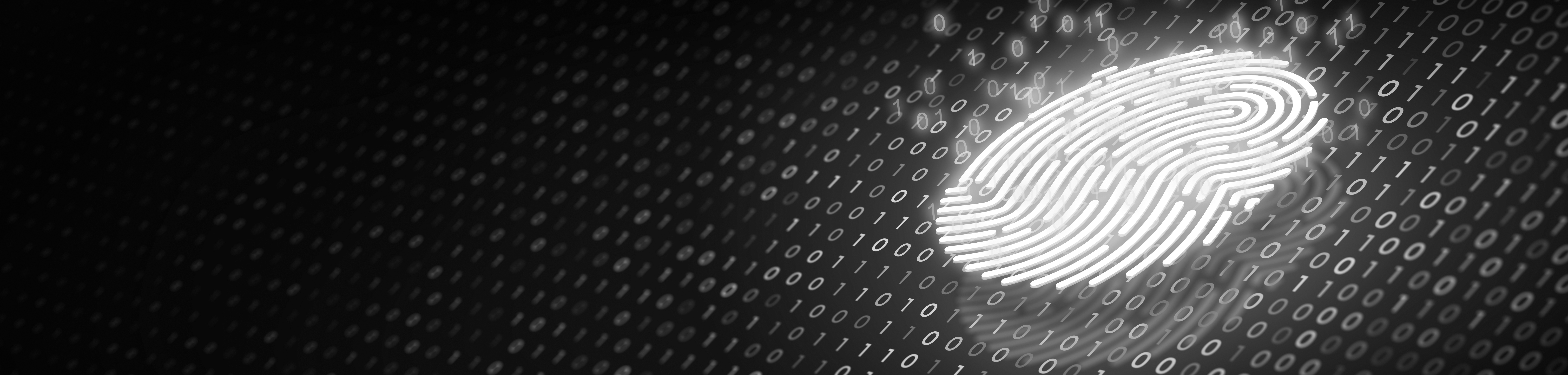 A glowing digital fingerprint over a field of binary numbers symbolizing cybersecurity and digital identity.