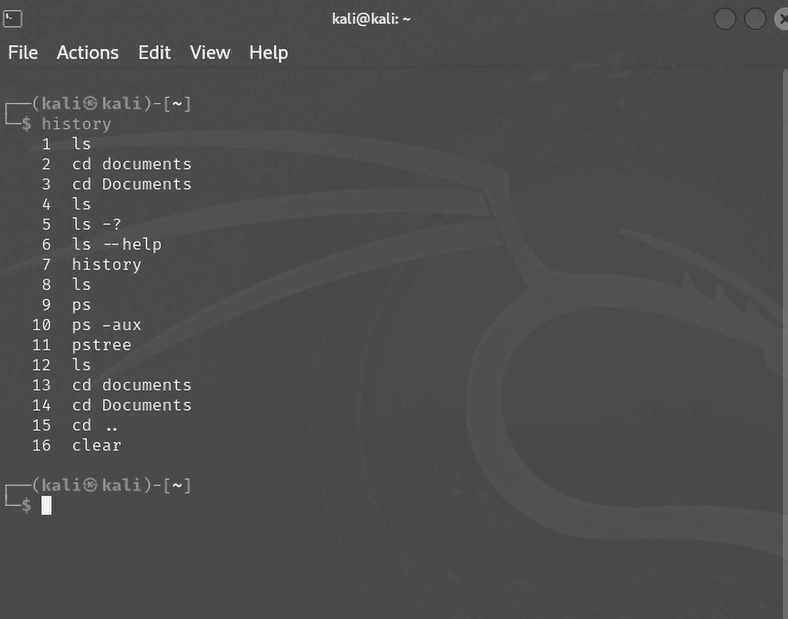 Terminal in Kali Linux showing the output of the history command, listing recent commands such as ls, cd, ps -aux, and pstree.