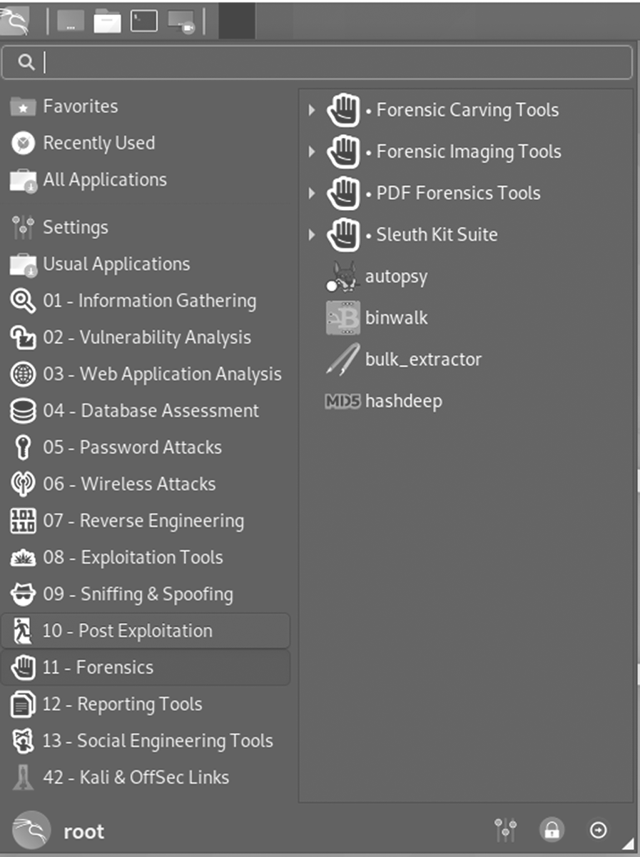 Kali Linux application menu showing the Forensics toolset, including Autopsy, Sleuth Kit, Binwalk, Bulk Extractor, and other utilities for forensic data analysis.