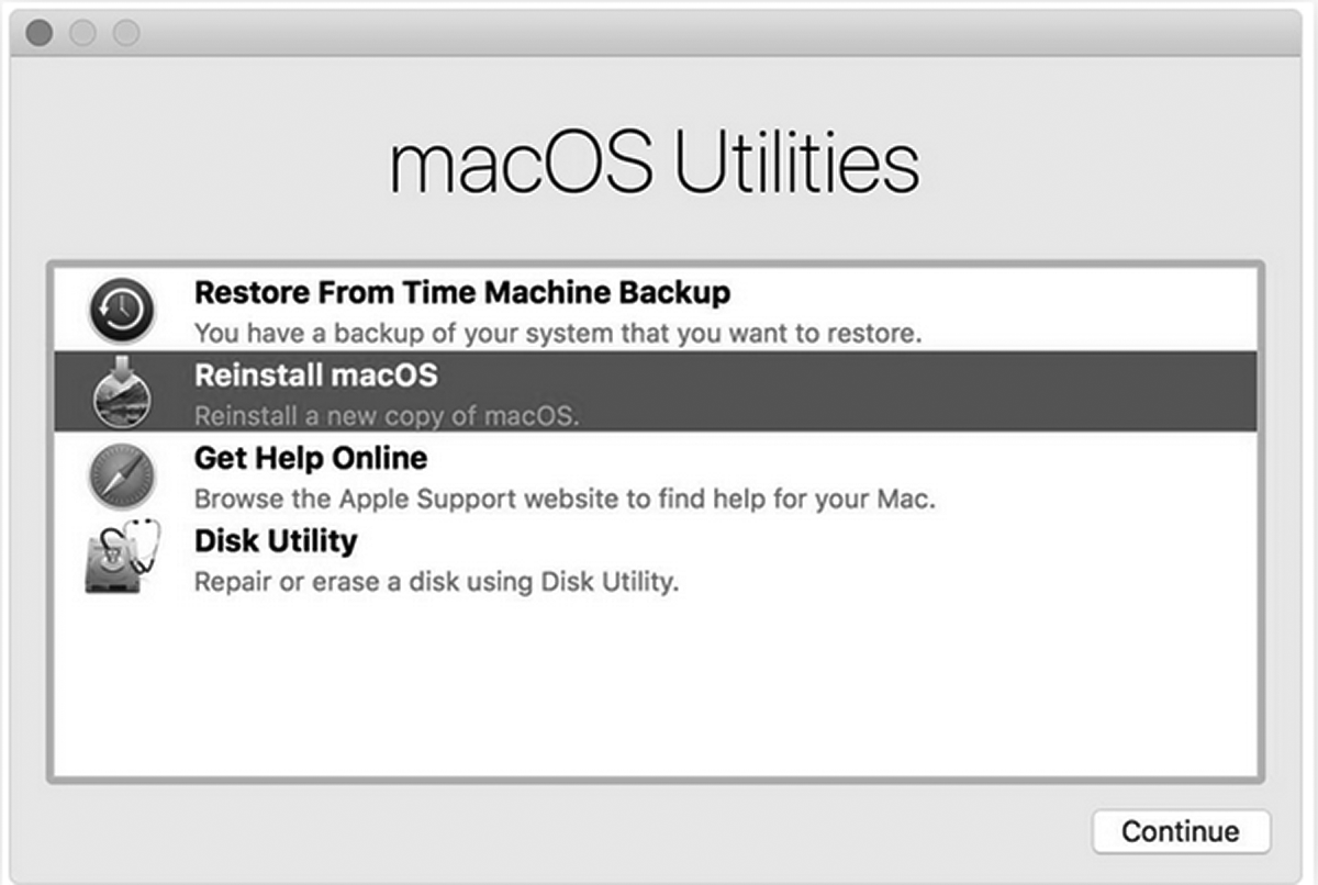 macOS Utilities window showing options for restoring, reinstalling, repairing, or getting online help through macOS Recovery.