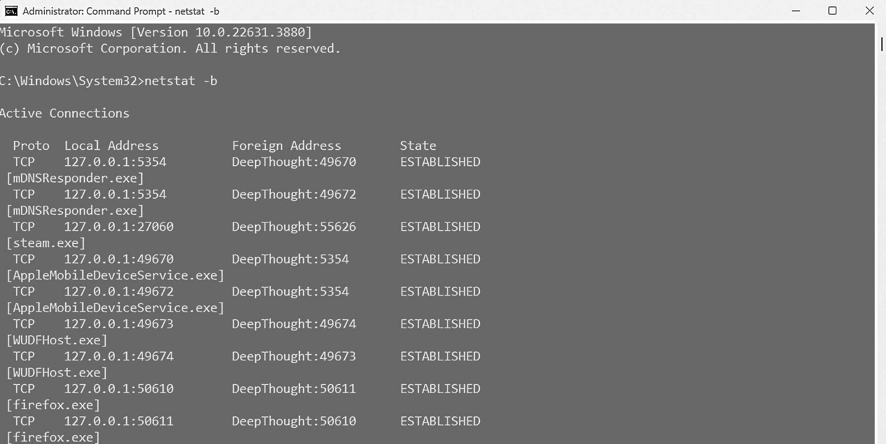 Figure 11-2, Windows Command Prompt showing the result of the netstat -b command listing several established TCP connections between local address 127.0.0.1 and “DeepThought,” associated with processes like Steam, Firefox, and mDNSResponder.
