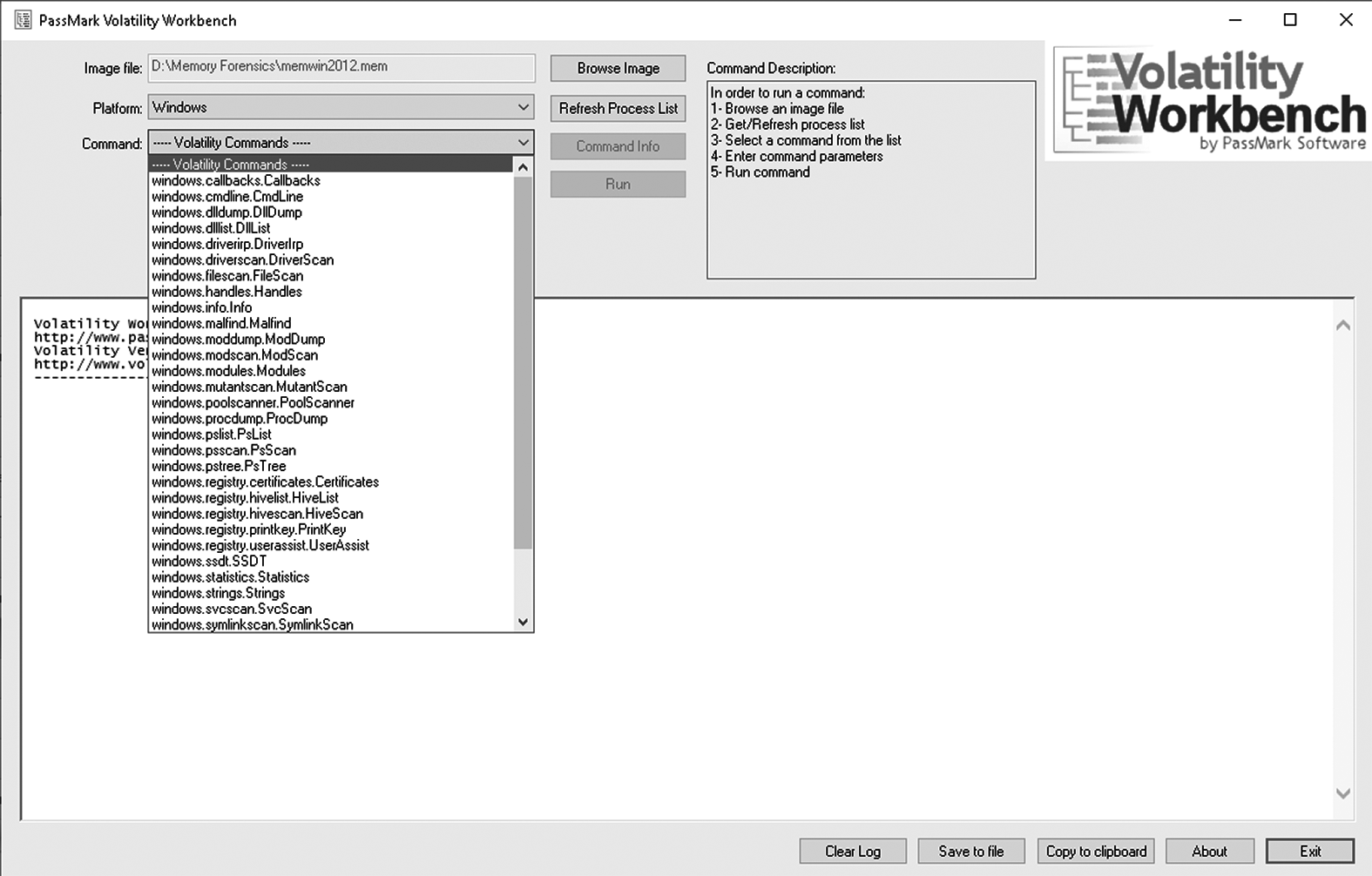 Figure 12-10, PassMark Volatility Workbench interface showing a memory image loaded with a dropdown list of Volatility forensic commands such as PsList, PsTree, and SvcScan, and options to run or save results.