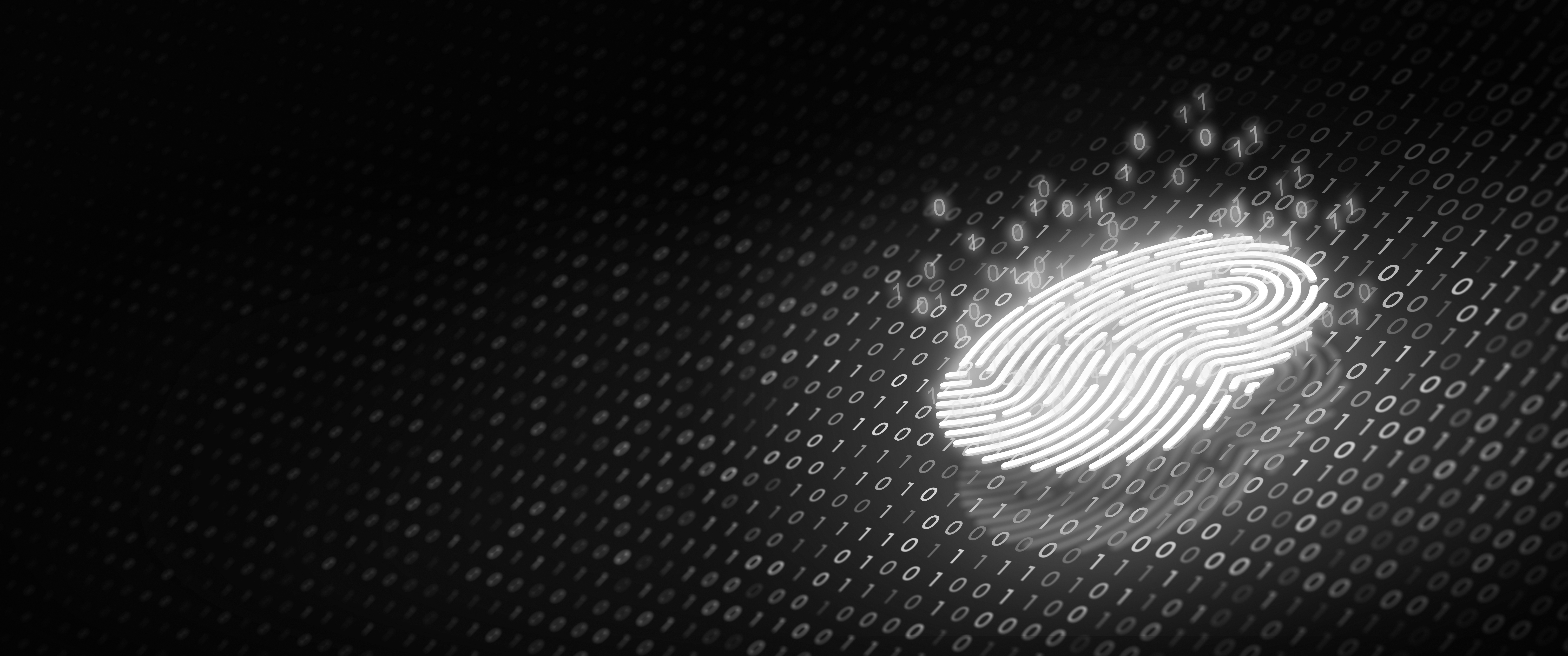 A glowing digital fingerprint over a field of binary numbers symbolizing cybersecurity and digital identity.