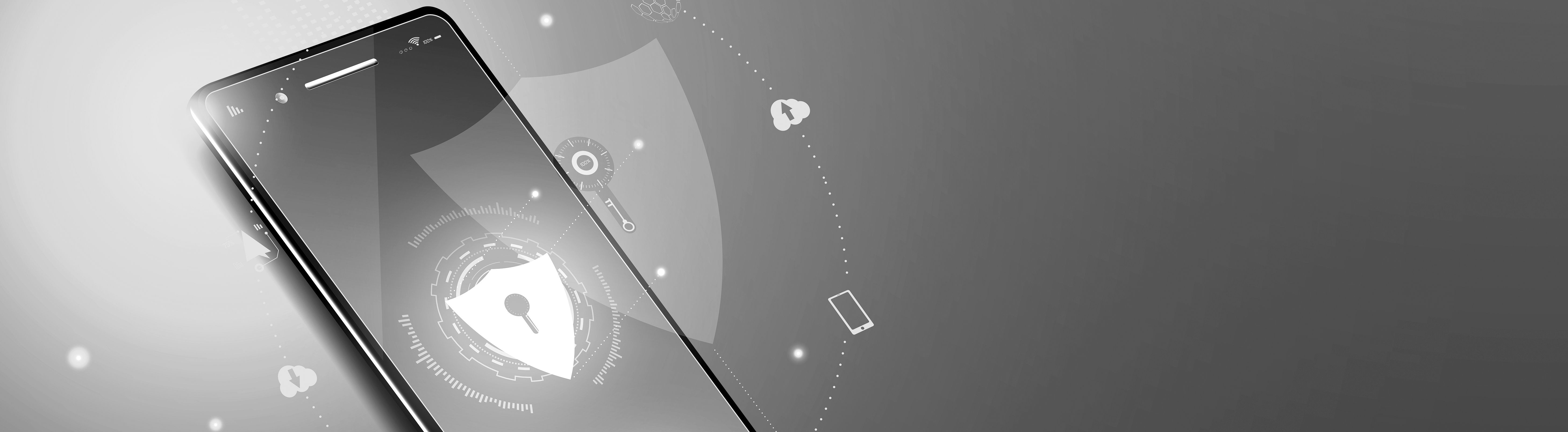 An illustration of a smartphone with a shield lock icon floating over a light technology-themed background.