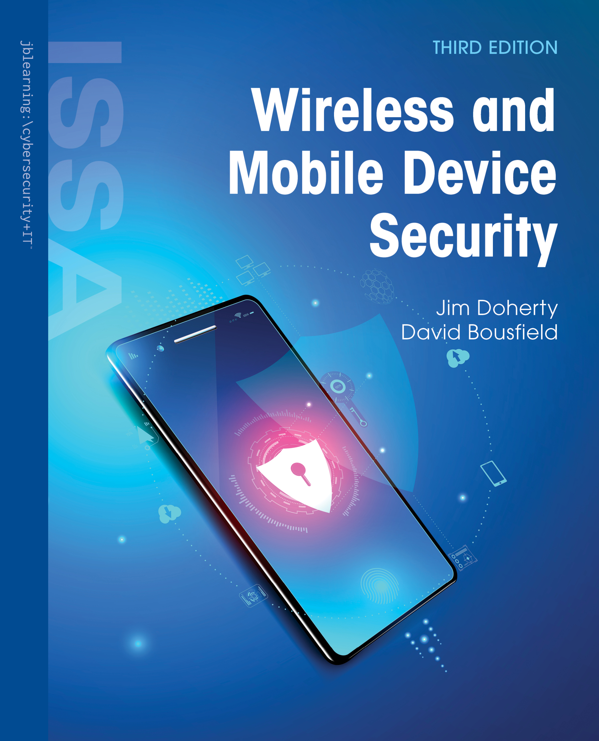 A cover page shows the series title ISSA (Information Systems Security and Assurance series) and the book title Wireless and Mobile Device Security, Second Edition. The author is Jim Doherty. The Jones and Bartlett Learning logo is seen in the left tab of the page along with the series title and the book title again. An image of interconnected network points forming multiplaned structures of different sizes can be seen in the background.