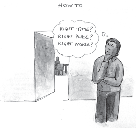 A how to contemplation involves a person standing outside of an office and thinking, right time? Right place? Right words?