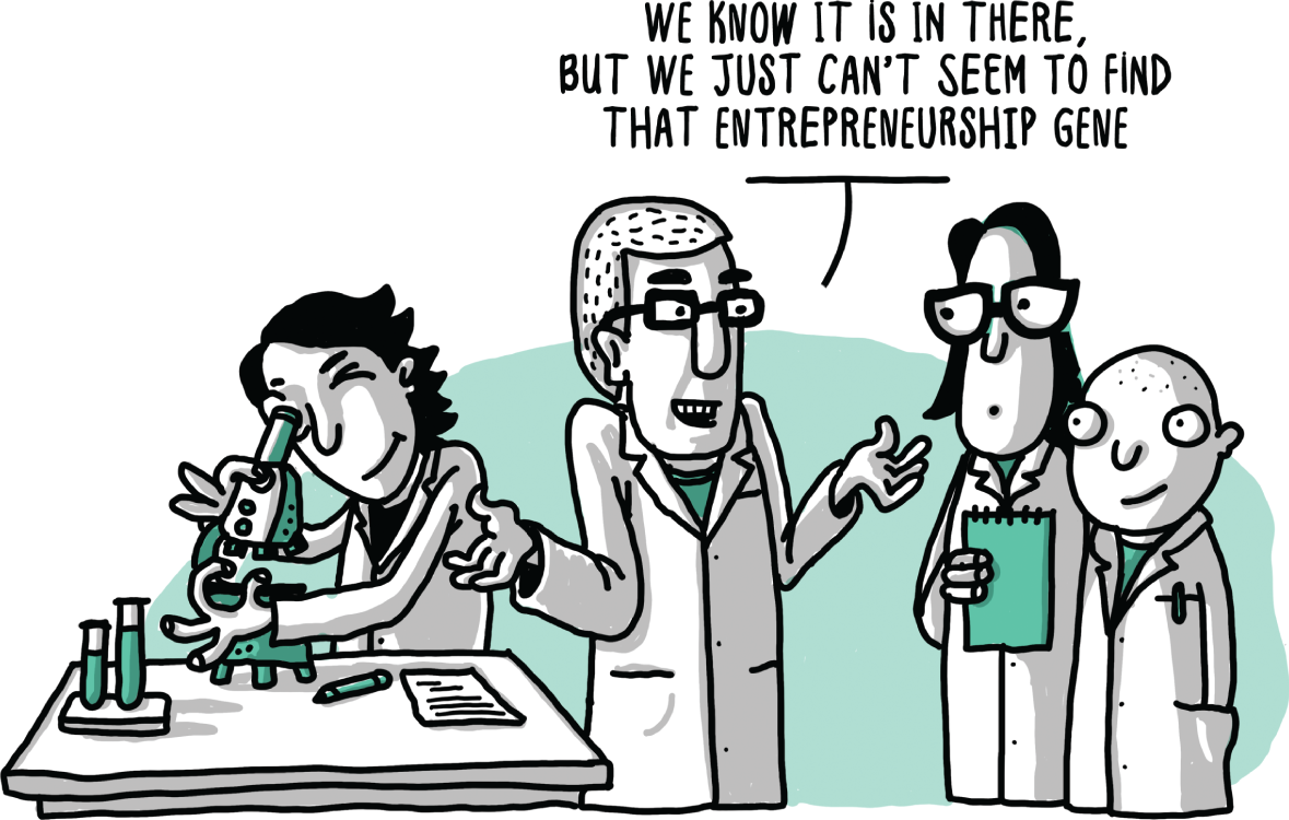 A diagrammatic representation of entrepreneurship is nurtured. A girl uses microscopic equipment for research. A lab technicist explains the process.