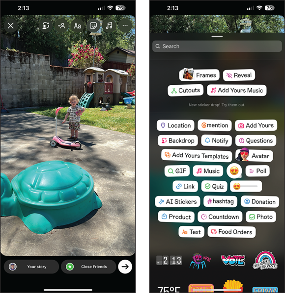 A child rides a scooter on a residential driveway surrounded by greenery, with an oversized toy turtle in the foreground. The smartphone screen displays an augmented reality photo editing interface, featuring various editing options like filters, frames, stickers, and music.