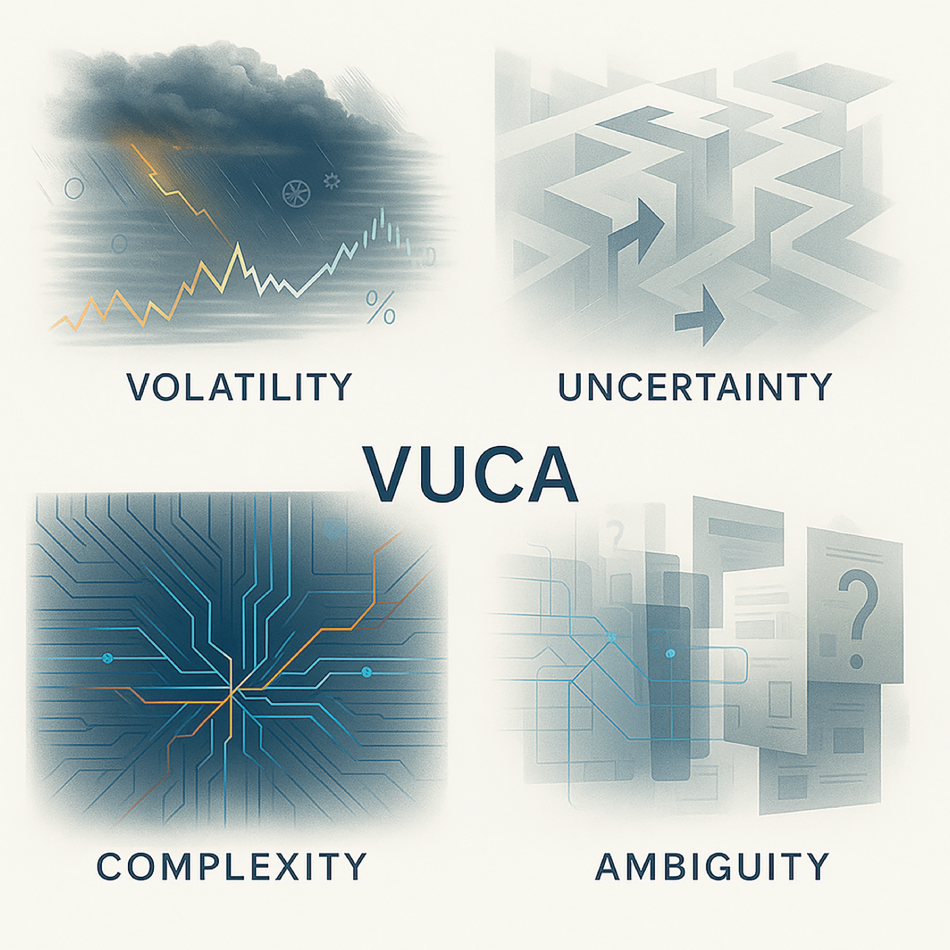 A four-part diagram illustrates VUCA, showing Volatility as a graph, Uncertainty as a maze, Complexity as a circuit, and Ambiguity as papers with a question mark.