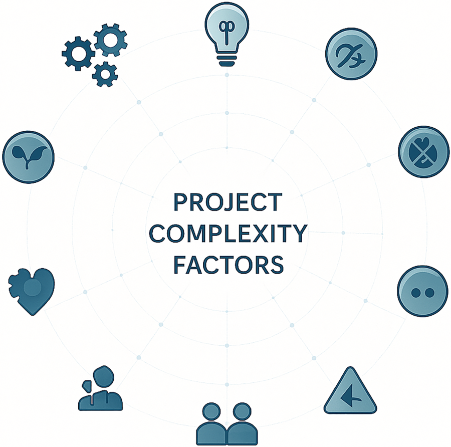 A diagram illustrates project complexity factors, including icons representing gears, a lightbulb, a plant, a heart, and people, arranged in a circle.