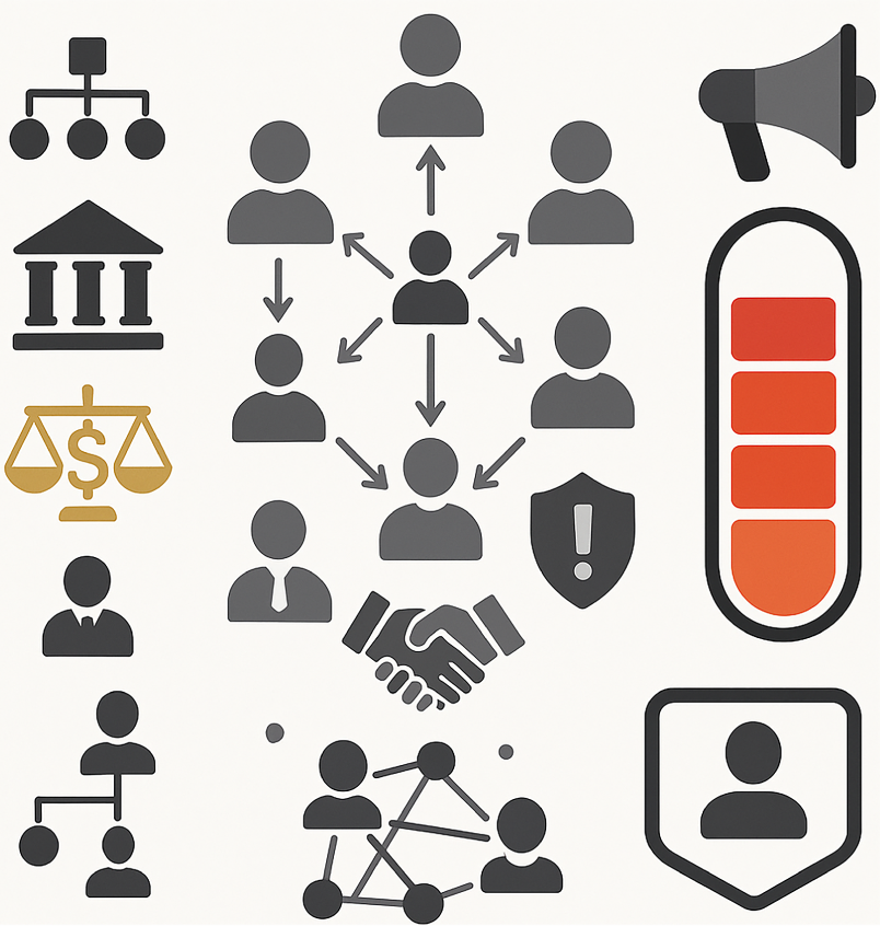 A diagram illustrates a collection of icons representing political influence, including hierarchy, handshake, building, scales, shield, battery, megaphone, and network.