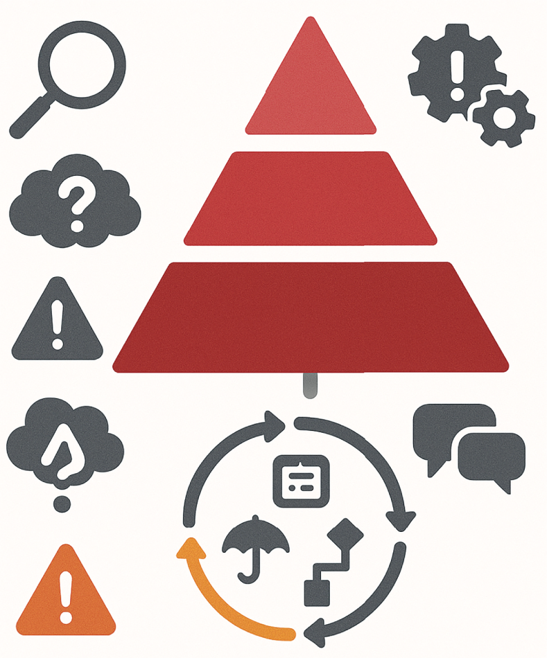 A diagram exhibits a 3-level pyramid above a circular flow with icons. Icons of magnifying glass, gears, and speech bubbles surround it.