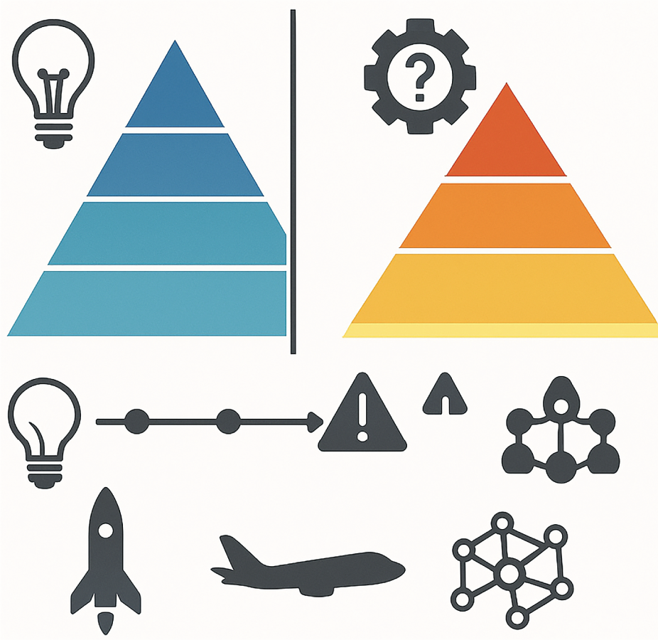 A graphic shows technology and innovation concepts, including pyramids, lightbulbs, rockets, airplanes, and network diagrams.