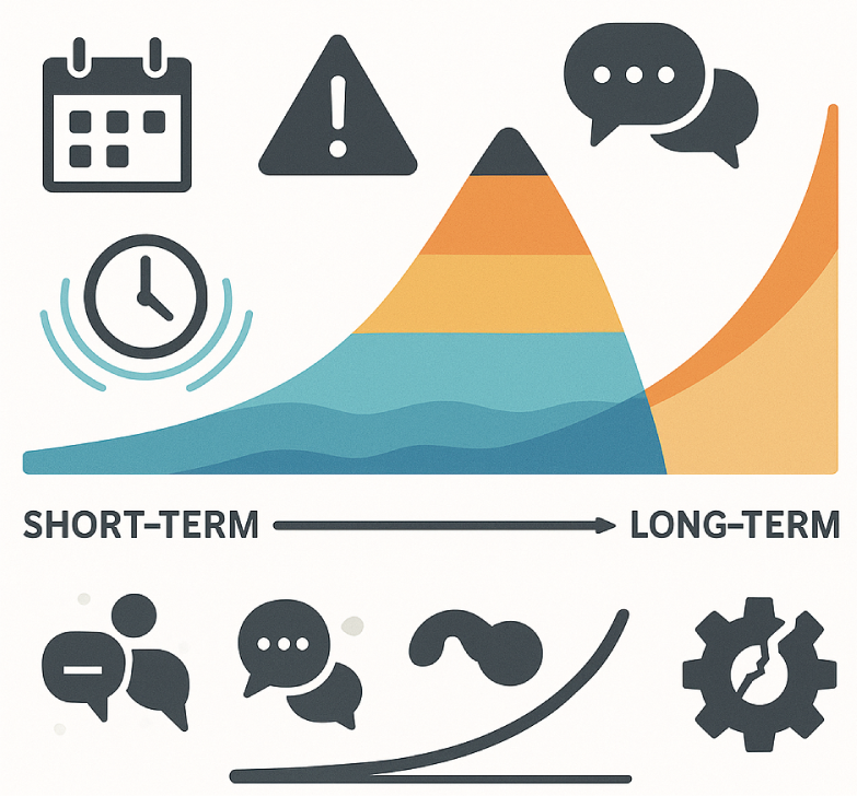 A diagram shows short-term and long-term planning with calendar, clock, warning sign, speech bubbles, and gear icons.