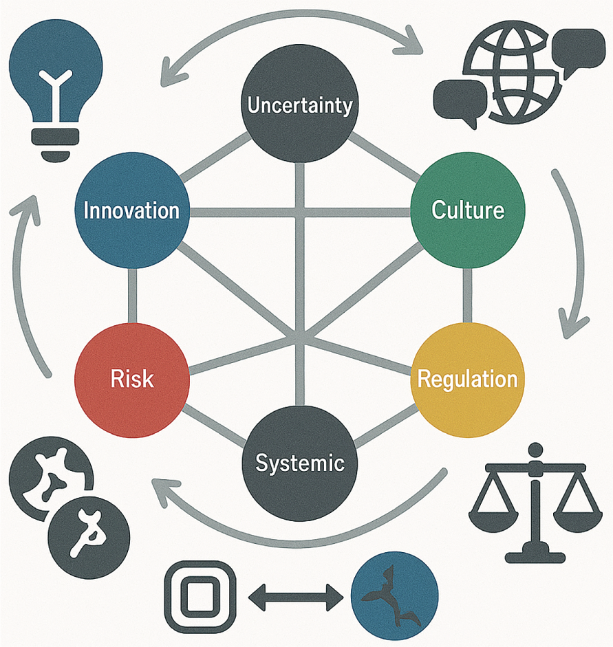 A cyclic diagram displays circles labeled uncertainty, culture, regulation, systemic, risk, and innovation, connected by lines and arrows.