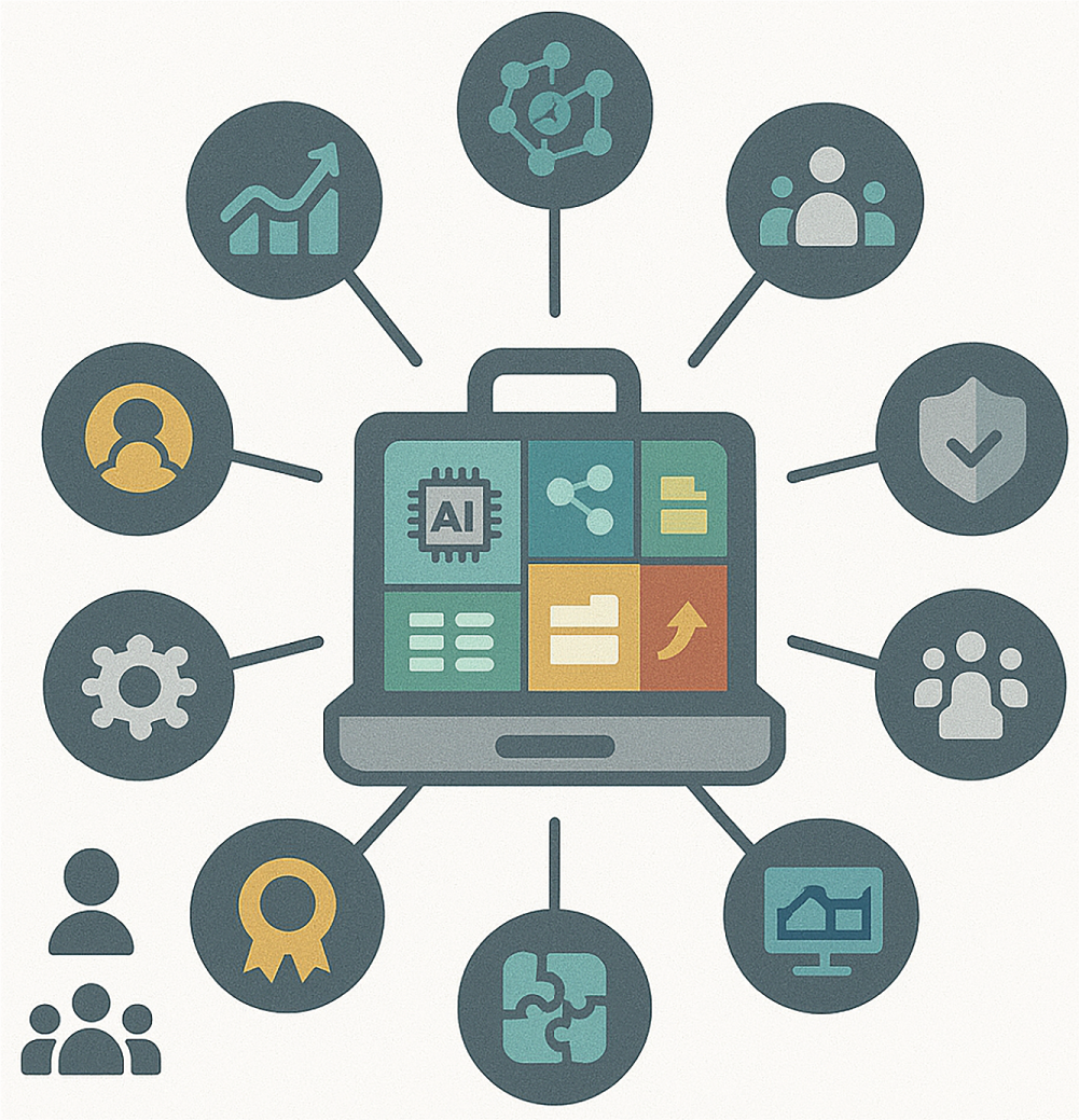 A diagram illustrates a toolkit with icons representing A I, data sharing, growth, security, and teamwork.