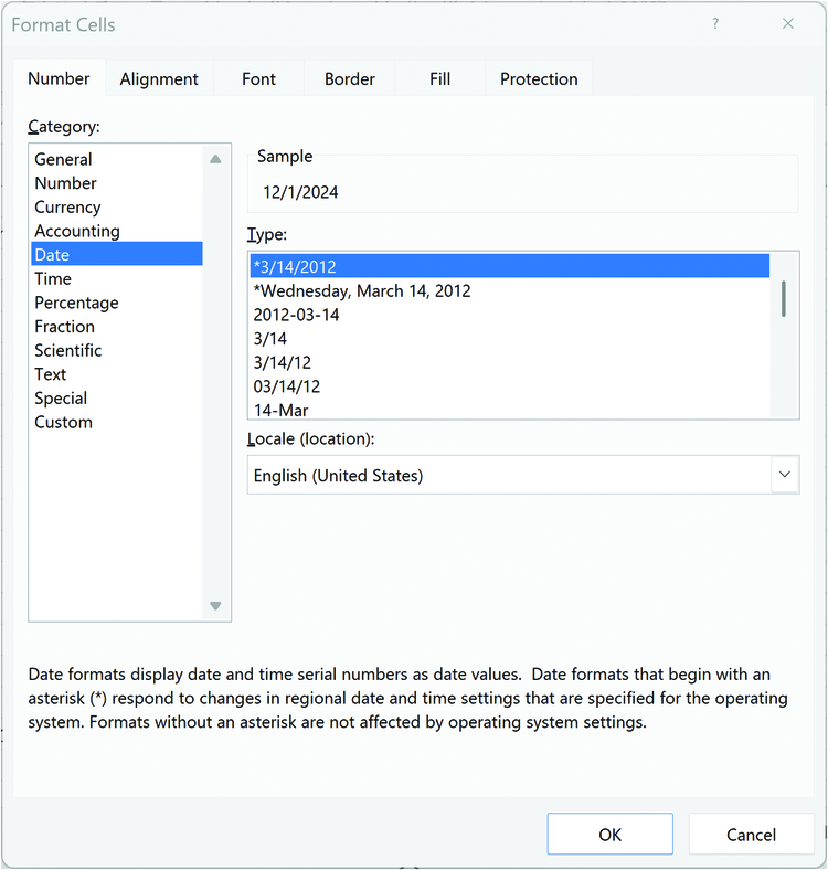 Screenshot of a Format Cells dialog box with Date category selected depicts multiple date format types and U S English location.