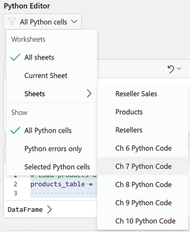 Python Editor menu active with Sheets option under Worksheets selected, and Chapter 7 Python Code highlighted in an adjacent panel.