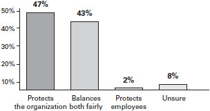 Bar graph showing opinions on protection: organization, balance, employees, unsure.