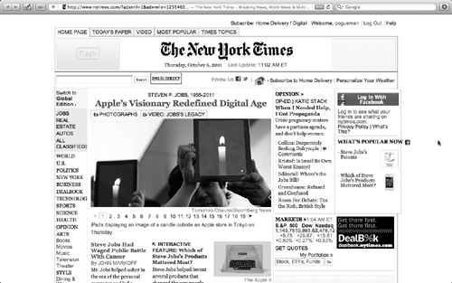 This, ladies and gentlemen, is Full Screen mode, one of the flagship features of Lion. The idea is to fight back against the forces of window clutter that have been encroaching on your document windows for years now. Your actual work, your photo or Web page, fills every pixel of that giant screen you paid so much money for.