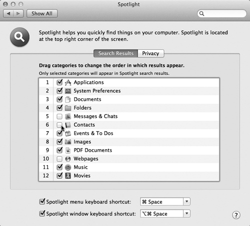 Here’s where you can specify what categories of icons you want Spotlight to search, which order you want them listed in the Spotlight menu, and what keystroke you want to use for highlighting the Spotlight Search box.