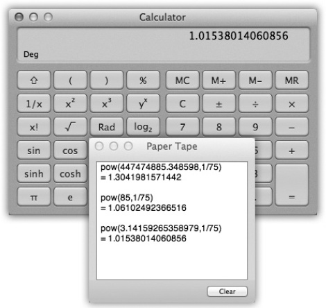 The Calculator program offers a four-function Basic mode, a full-blown scientific calculator mode, and a programmer’s calculator (shown here, and capable of hex, octal, decimal, and binary notation). The first two modes offer a “paper tape” feature (Windows→Paper Tape) that lets you correct errors made way back in a calculation. To edit one of the numbers on the paper tape, drag through it, retype, and then click Recalculate Totals. You can also save the tape as a text file by choosing File→Save Tape As, or print it by selecting File→Print Tape.