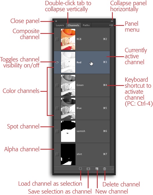 The Channels panel is your gateway to the color info that makes up your image. The composite channel at the top of the panel (here it’s the one labeled RGB) shows what your image looks like with all the channels turned on; click it to turn all the channels back on if you’ve temporarily turned some off. You can’t turn off every channel, though, since at least one has to be visible in order for you to see your image!The little number to the right of each channel’s name is its keyboard shortcut. These shortcuts changed back in CS4, but if you’d like to revert to the old ones, choose Edit→Keyboard Shortcuts and turn on Use Legacy Channel Shortcuts.