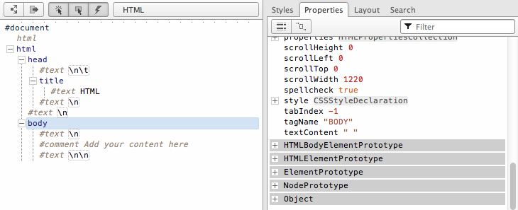 Viewing a web page in Opera Dragonfly Developer Tools