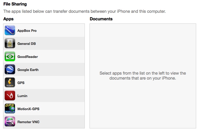 The iTunes file sharing interface