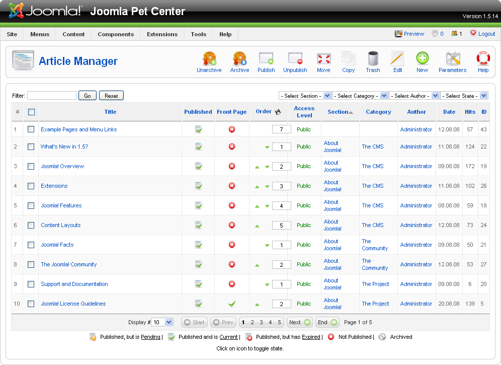 The Article Manager with sample content