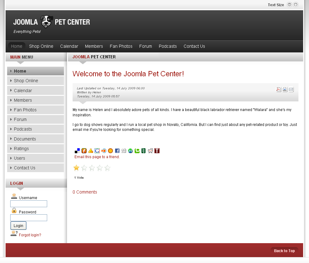 The Joomla Pet Center home page