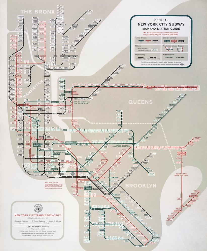 The 1958 New York City Subway map designed by George Salomon. 1958 New York City Subway Map © MTA New York City Transit. Used with permission.