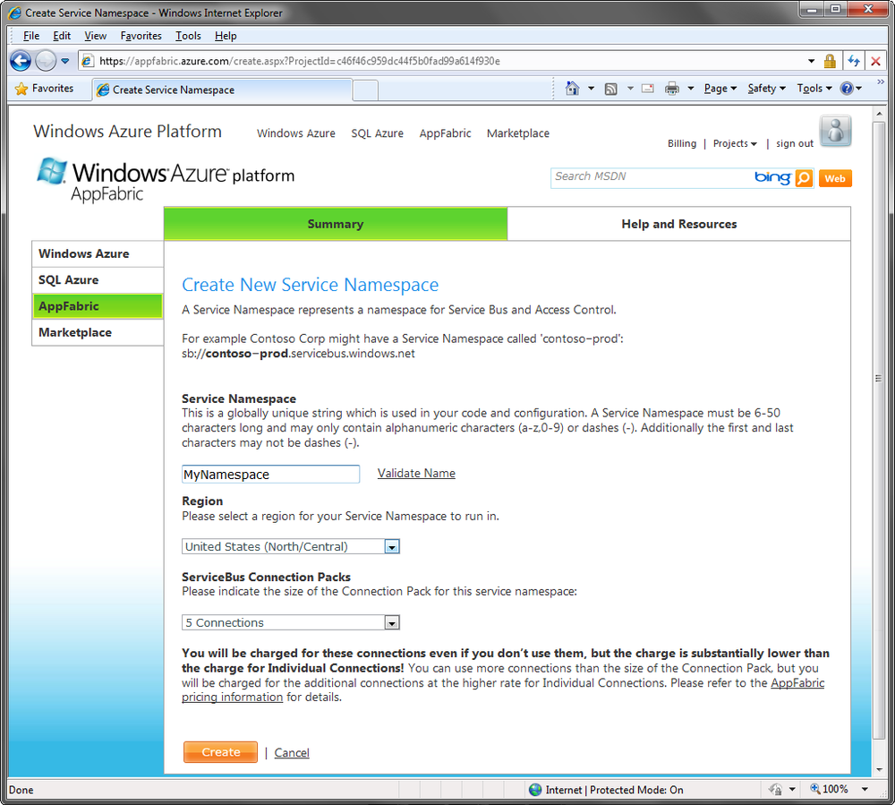 Creating a service namespace