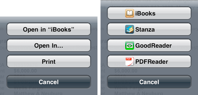 The document Options action sheet and Open In action sheet