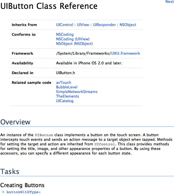 The start of a typical class documentation page