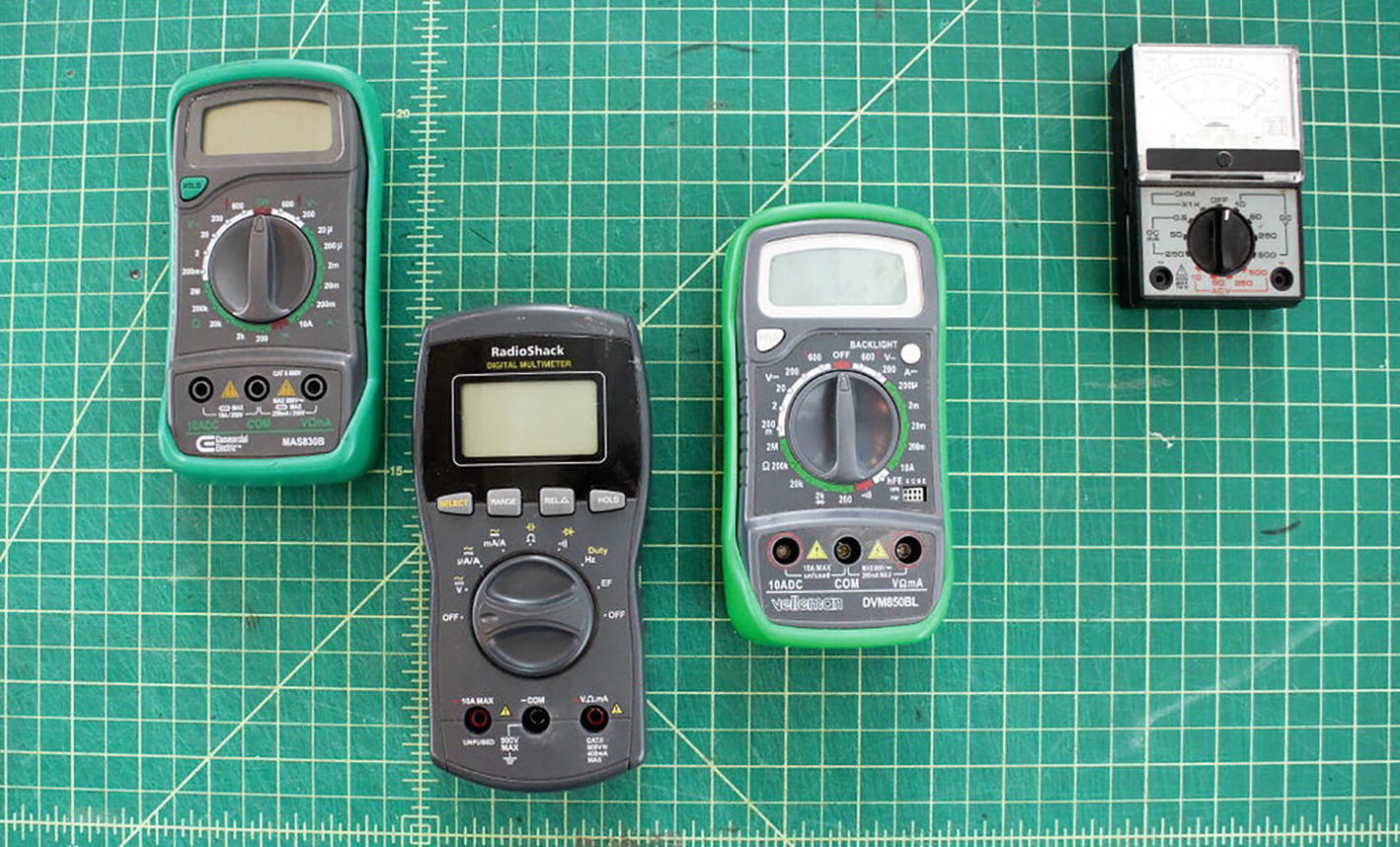 4 photographs of digital and analog versions of multimeters.