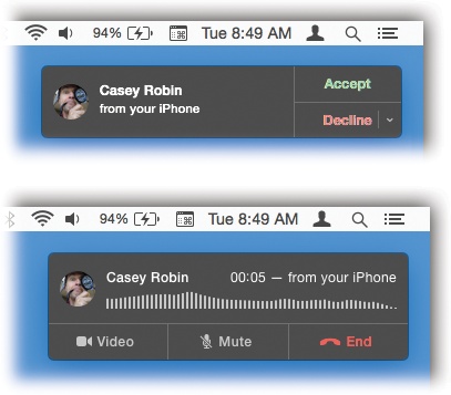 When a call comes in to your iPhone, a notification appears on your Mac (top). You can click to answer it (or decline it); your Mac’s microphone and speaker become your speakerphone (bottom).