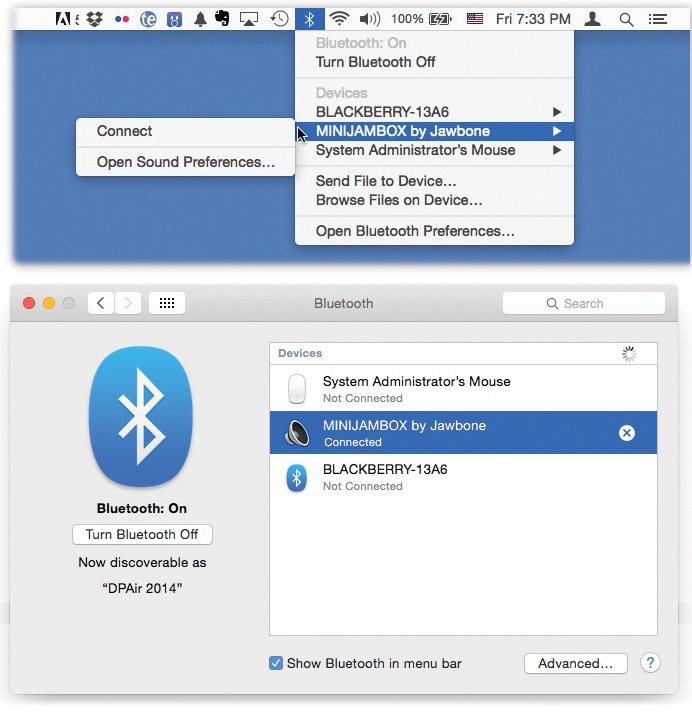 Top: Use this menulet to connect to and disconnect from Bluetooth gadgets.Bottom: The Bluetooth panel scans the area for Bluetooth gadgets and, after a moment, lists them. Click Pair when you see the one you want.