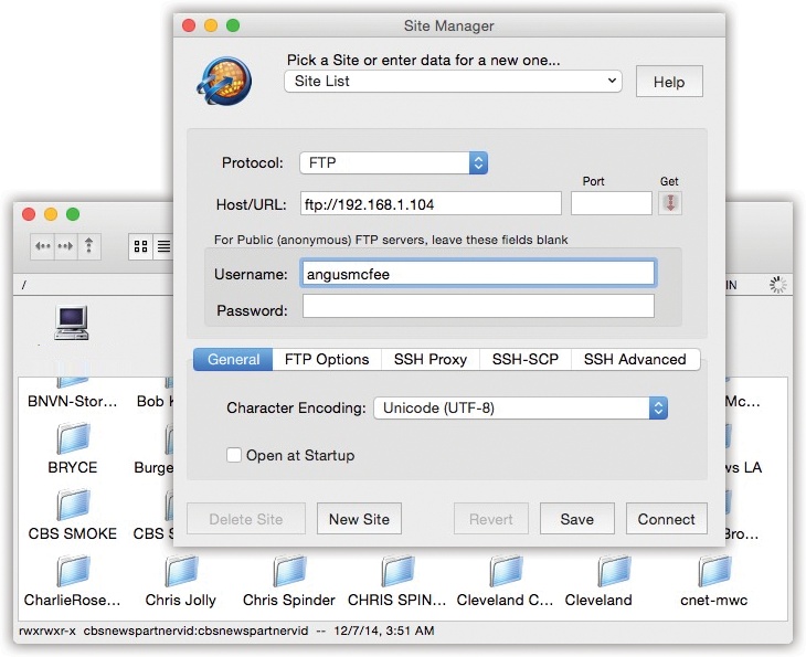 Top: To access your OS X machine from across the Internet, fire up a program like RBrowser and use the address ftp://111.222.33.4 (or whatever your public IP address is).Bottom: Once you’re looking at an FTP server’s contents, you can drag files from your desktop into the list, copy them to your Mac by dragging them out of the list onto your desktop, or open them by double-clicking.
