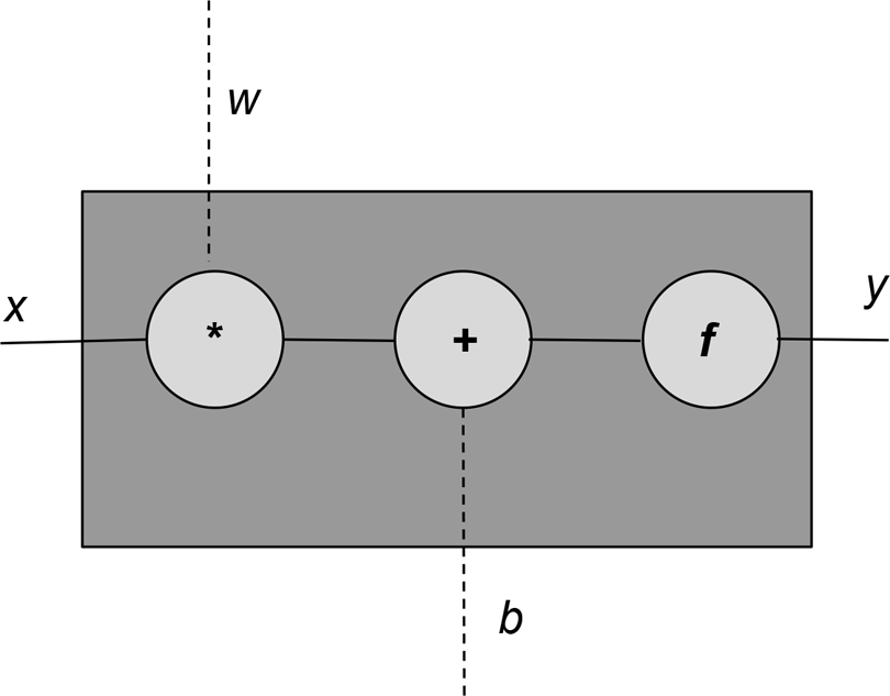 The computational graph for a perceptron with an input (x) and an output (y). The weights (w) and bias (b) constitute the parameters of the model.