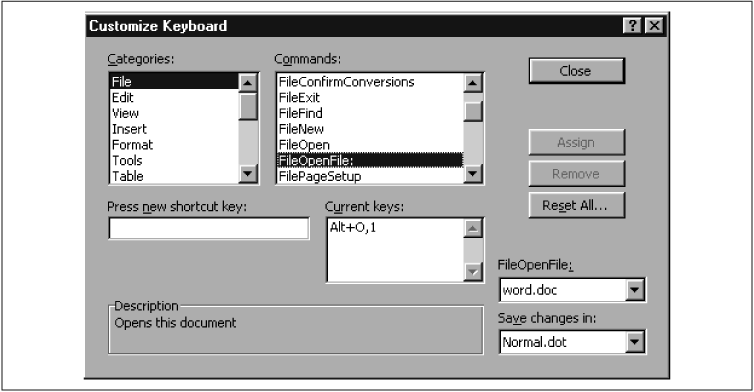 The Customize Keyboard dialog box