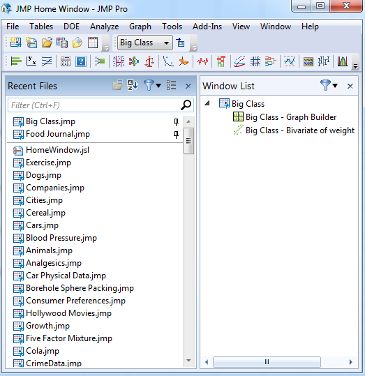 The JMP Home Window on Windows