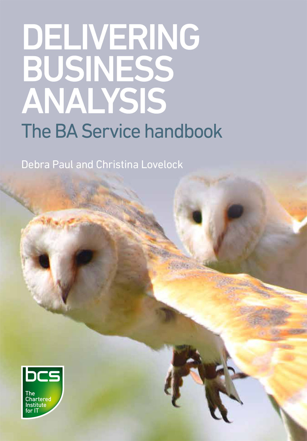 Cover: Delivering Business Analysis, The B A Service handbook by Debra paul and Christina Lovelock with B C S logo. The cover features two owls.