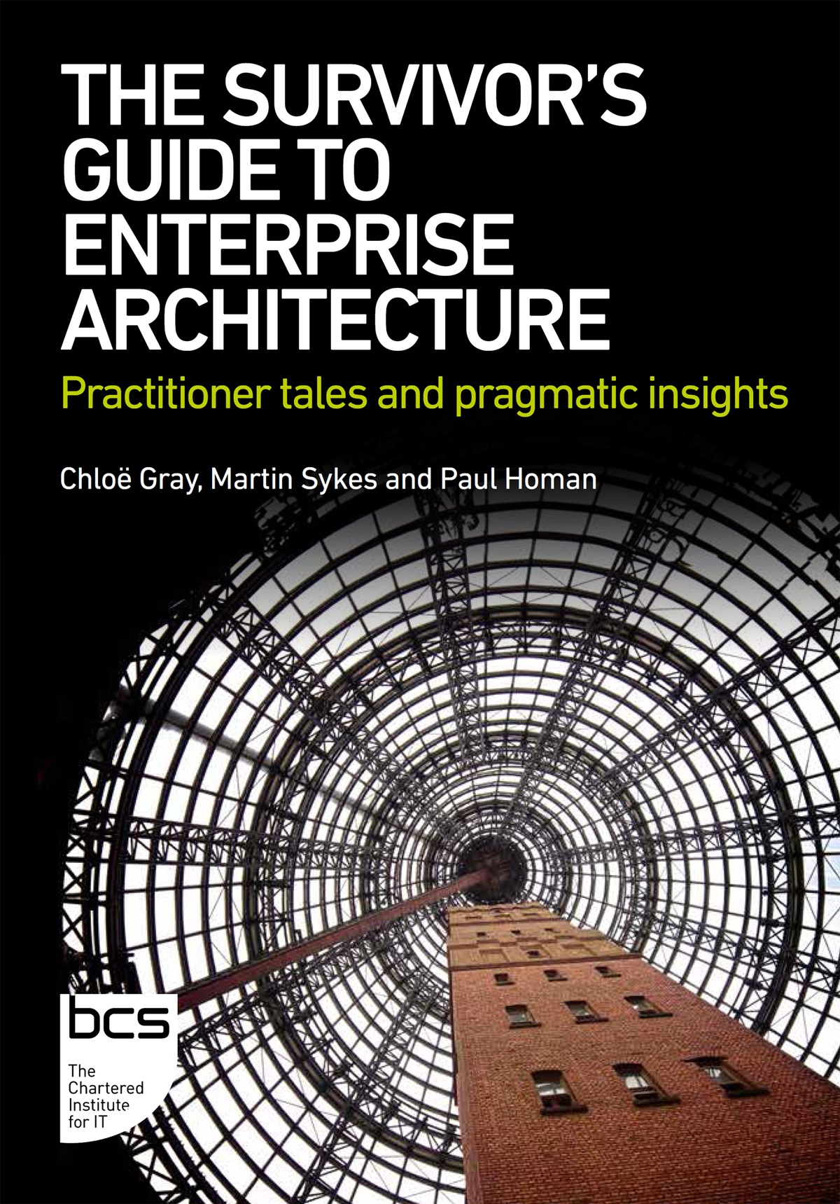 Cover: Book titled The Survivor's Guide to Enterprise Architecture, by Chloë Gray, Martin Sykes and Paul Homan, with B C S logo at the bottom left corner. The cover features a tall brick building, with a perspective looking upward.