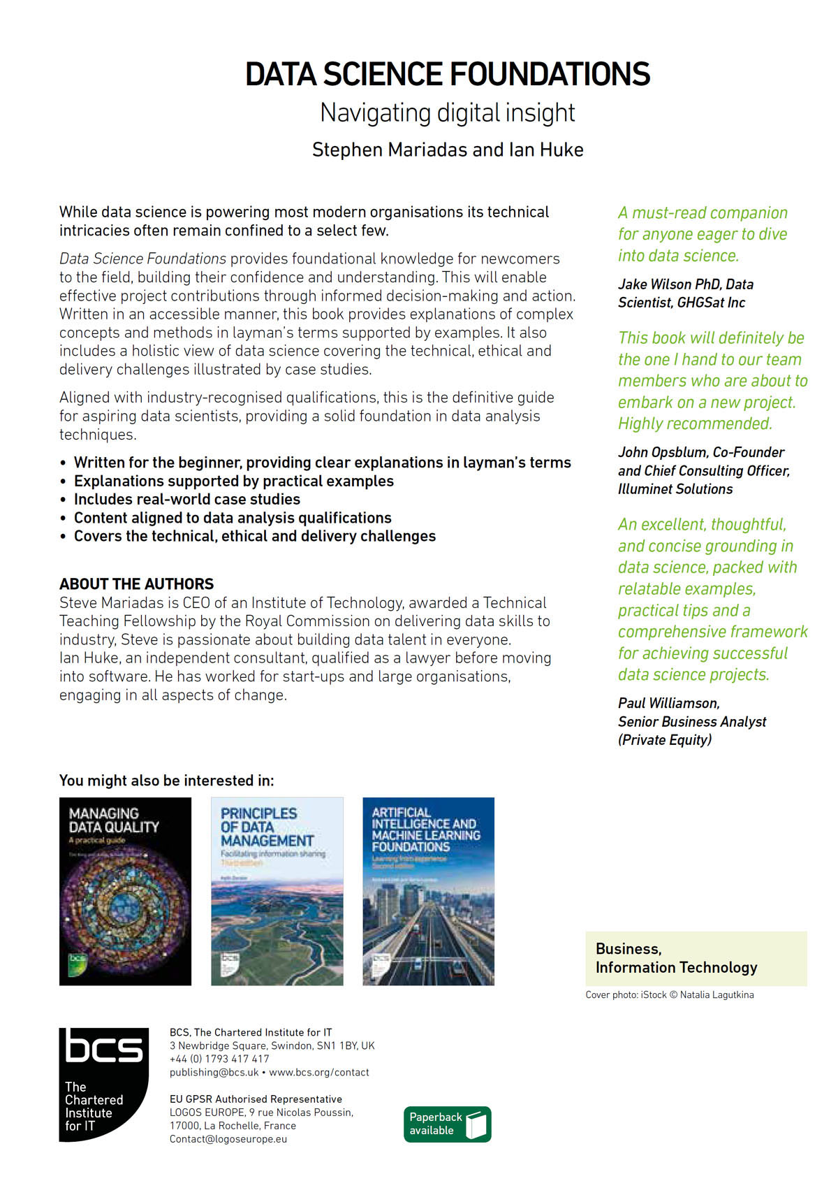 Back cover: Book titled Data Science Foundations Navigating digital insight, by Stephen Mariadas and Ian Huke, reviewer quotes, author bio, and thumbnails of related titles. Features B C S logo, barcode, and suggests further reading.